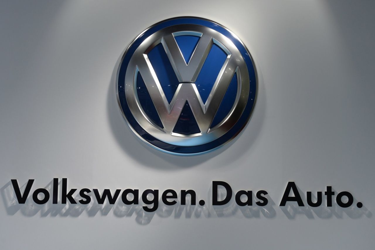 The Volkswagen carmaker logo is pictured at the 12th Auto Expo in Greater Noida on the outskirts...