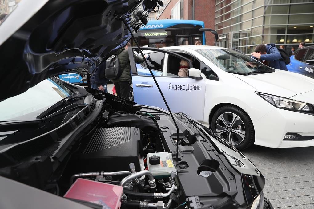 MOSCOW, RUSSIA - SEPTEMBER 30, 2019: Nissan Leaf electric cars of the Yandex.Drive car sharing...